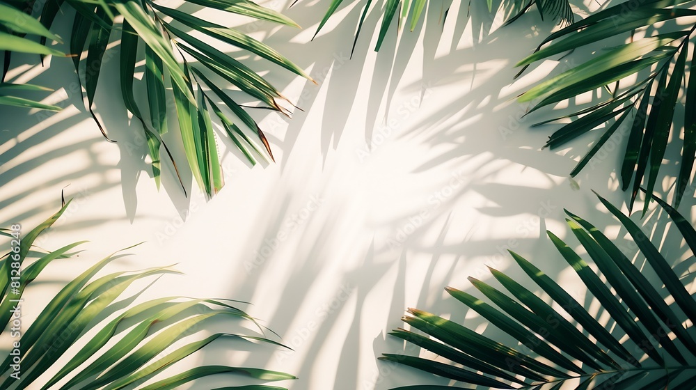 Poster summer tropical palm leaves flat lay background with a blank space stylized image : generative ai