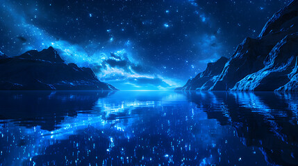 Calm waters reflect the glowing bioluminescence creating a mirror effect with the night sky and stars   Photo realistic as Reflections in Bioluminescent Waters concept