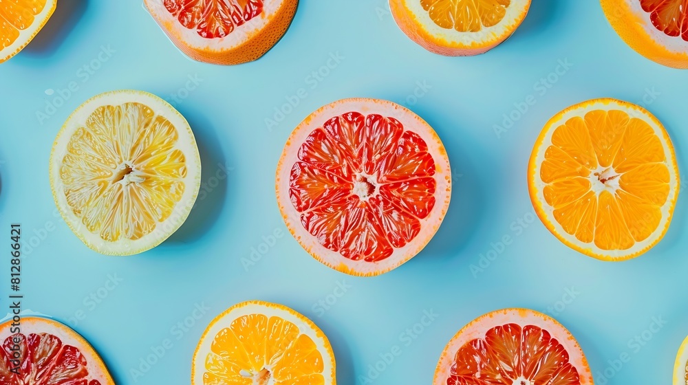 Poster Colorful fruit pattern of fresh orange and grapefruit slices on blue background From top view : Generative AI