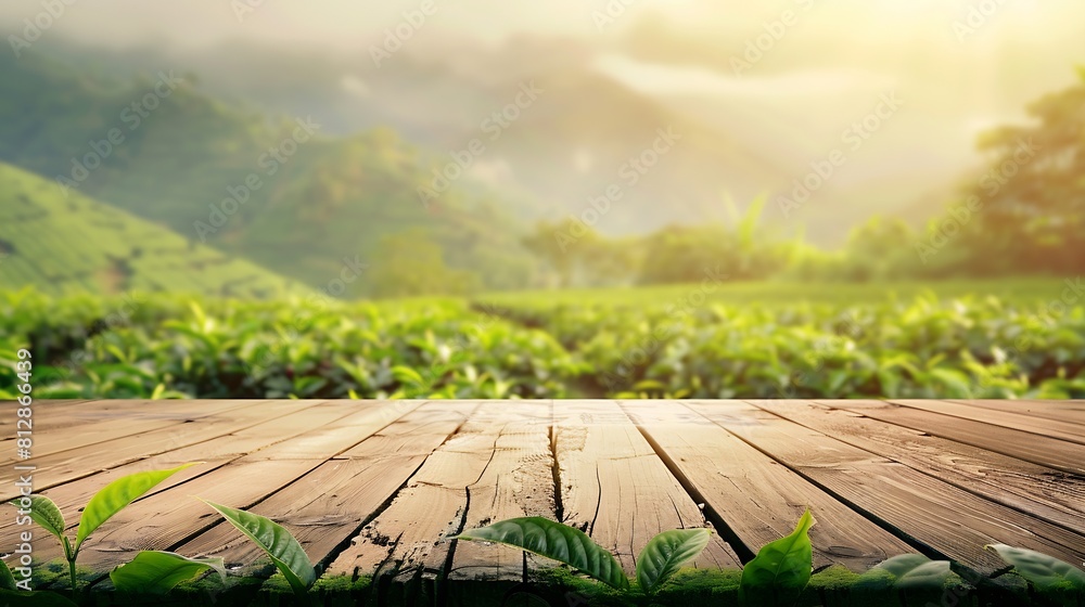 Poster wooden table top on blur green tea mountain and grass fieldfresh and relax conceptfor montage produc