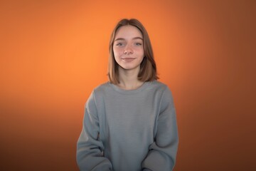 Casual Young Woman on Orange Background. Generative AI.