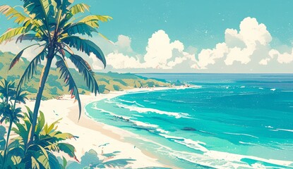 A vintage-style illustration of the island's sandy beaches, with palm trees and turquoise waters in soft pastel colors, evoking a sense of tranquility and relaxation on the Australian Portuguese coast