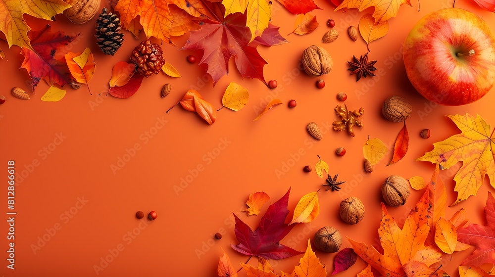 Aufkleber Autumn flat lay with bright colorful maple leaves  with apple and nuts on orange background Top view and copy  space : Generative AI