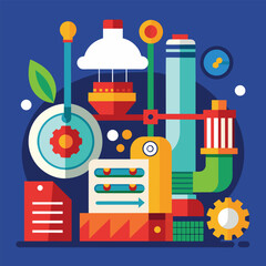 Naklejka premium A collection of various items arranged on a blue background, showcasing diversity and abundance, A design that captures the essence of manufacturing through minimalism