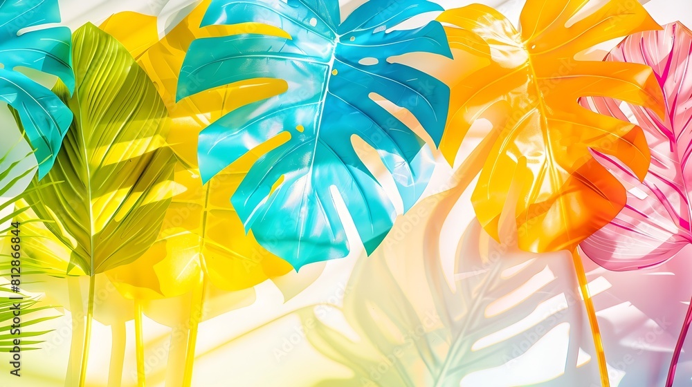 Poster creative layout made of colorful tropical leaves on white background : generative ai