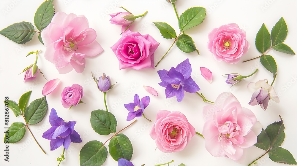 Aufkleber floral layout of pink roses and violet aquilegia on a white background Top view flat lay : Generative AI