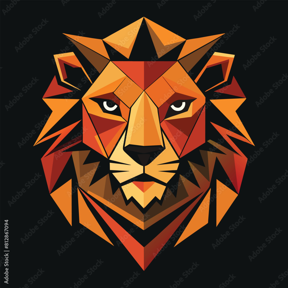 Poster a lions head created using geometric triangles, showcasing a unique and abstract interpretation, a g