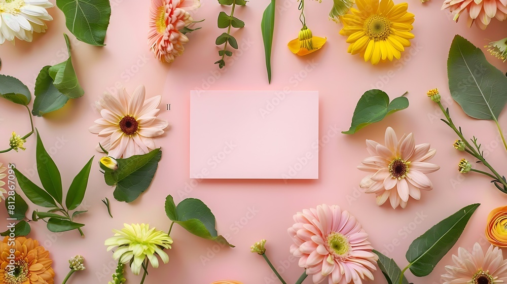 Wall mural Creative layout made of flowers and leaves with paper card note Flat lay Nature concept : Generative AI