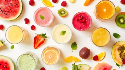 Creative layout made of smoothies and fruits around Flat lay Food concept Smoothies on the white background with watermelon strawberries apricot orange raspberry dragonfruit and grapef : Generative AI