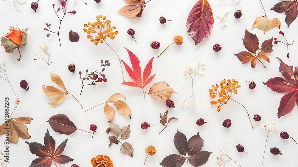 Poster autumn composition dried leaves flowers berries on white background autumn fall thanksgiving day con