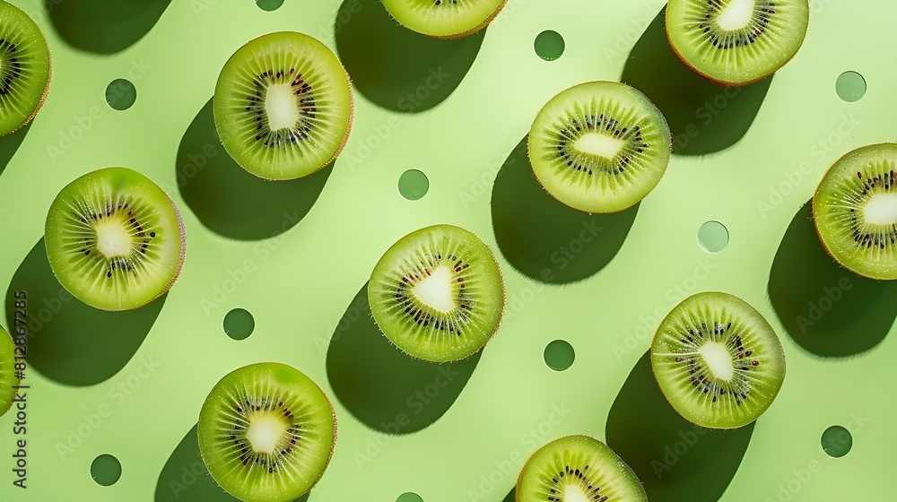 Poster Creative layout made of green kiwi on the green background with dots Flat lay Food concept Macro  concept : Generative AI