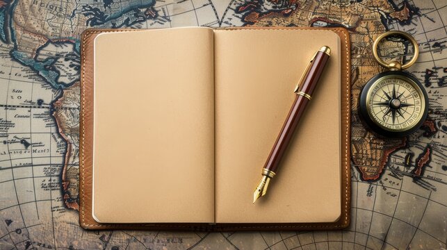 Vintage Travel Journal, Compass, and Old Map Background
- Powered by Adobe