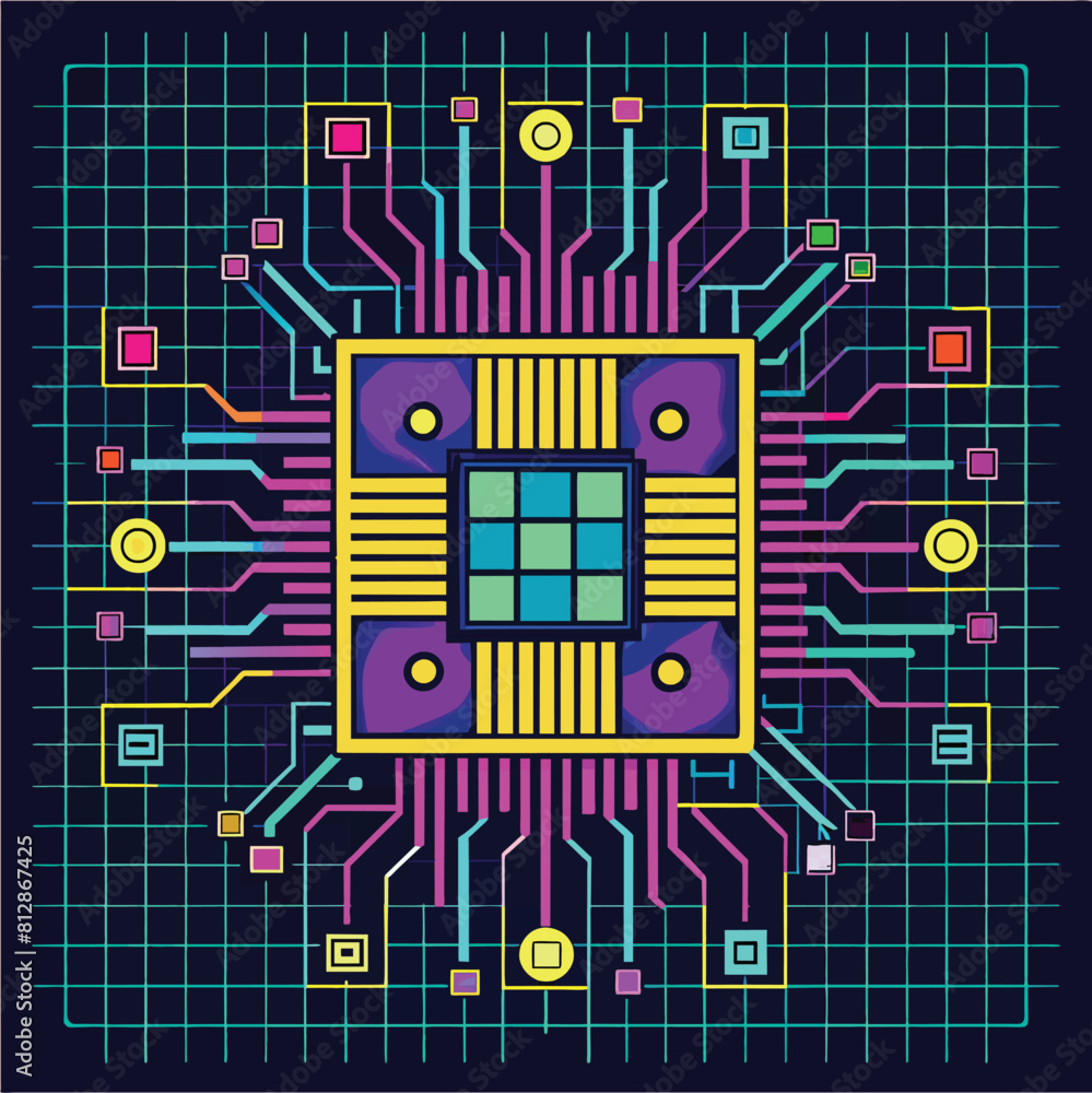 Poster a computer circuit board with a vibrant, colorful design, featuring a grid-like pattern reminiscent 