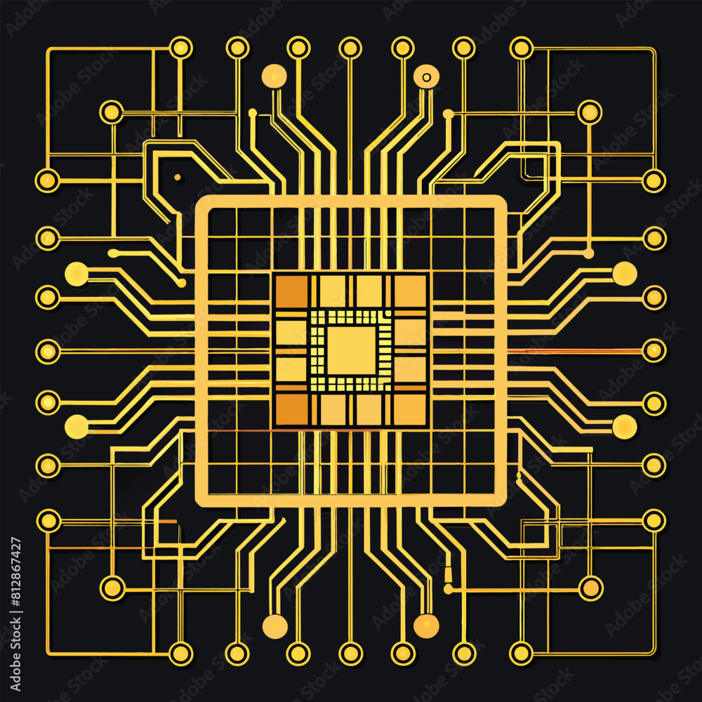Poster close-up of a computer circuit board featuring a prominent yellow square in the center, a grid-like 