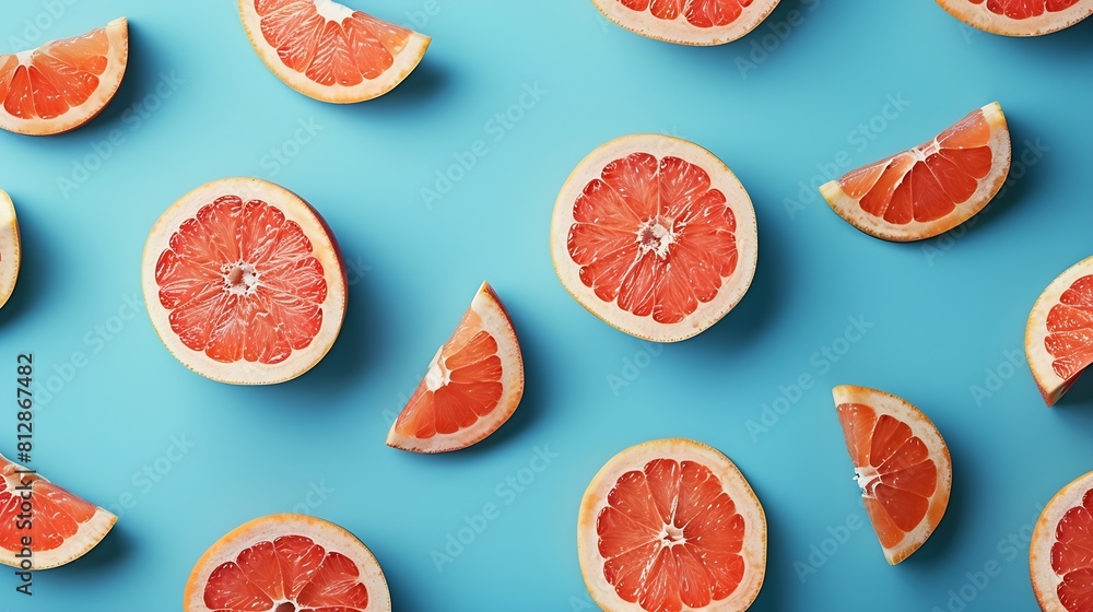 Aufkleber Colorful fruit pattern of fresh grapefruit slices on blue background From top view : Generative AI