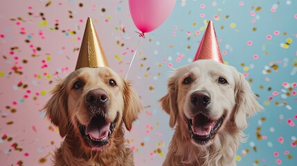 Festive Dog Celebration with Party Hats and Balloons - Joyful Atmosphere in Pastel Colors