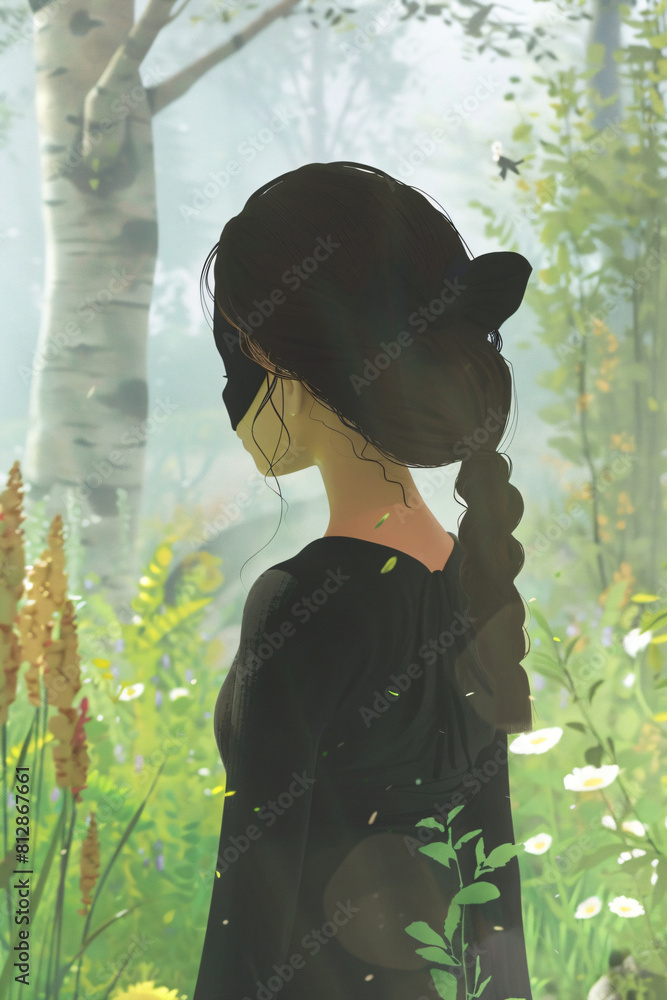 Poster Silhouette of a woman in a forest setting with a serene expression. Tranquility and nature connection concept for design and print