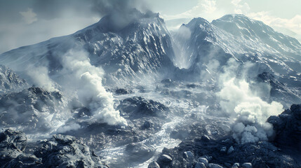 Sulfur Vents: A Photorealistic Depiction of Geothermal Activity in Volcanic Terrain with Steam and Gases Emanating from the Earth s Core   Stock Photo Concept