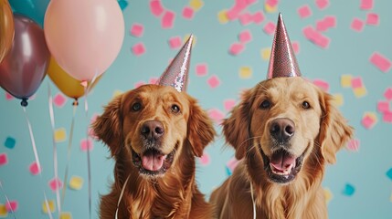 Festive Golden Retriever Celebration with Party Hats and Balloons - Joyful Atmosphere in Pastel Colors
