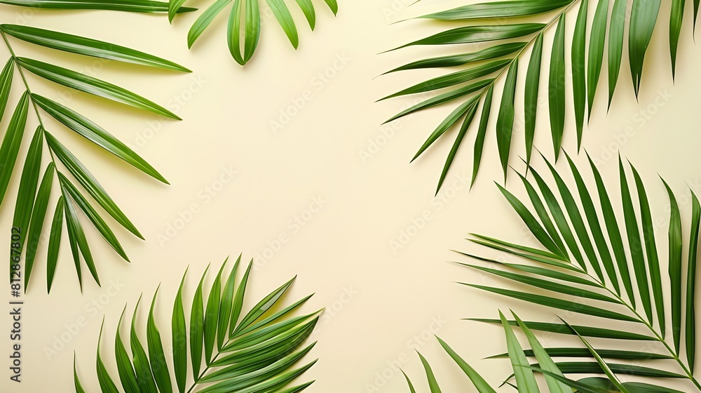 Poster tropical palm leaves on ivory background summer concept flat lay top view copy space : generative ai