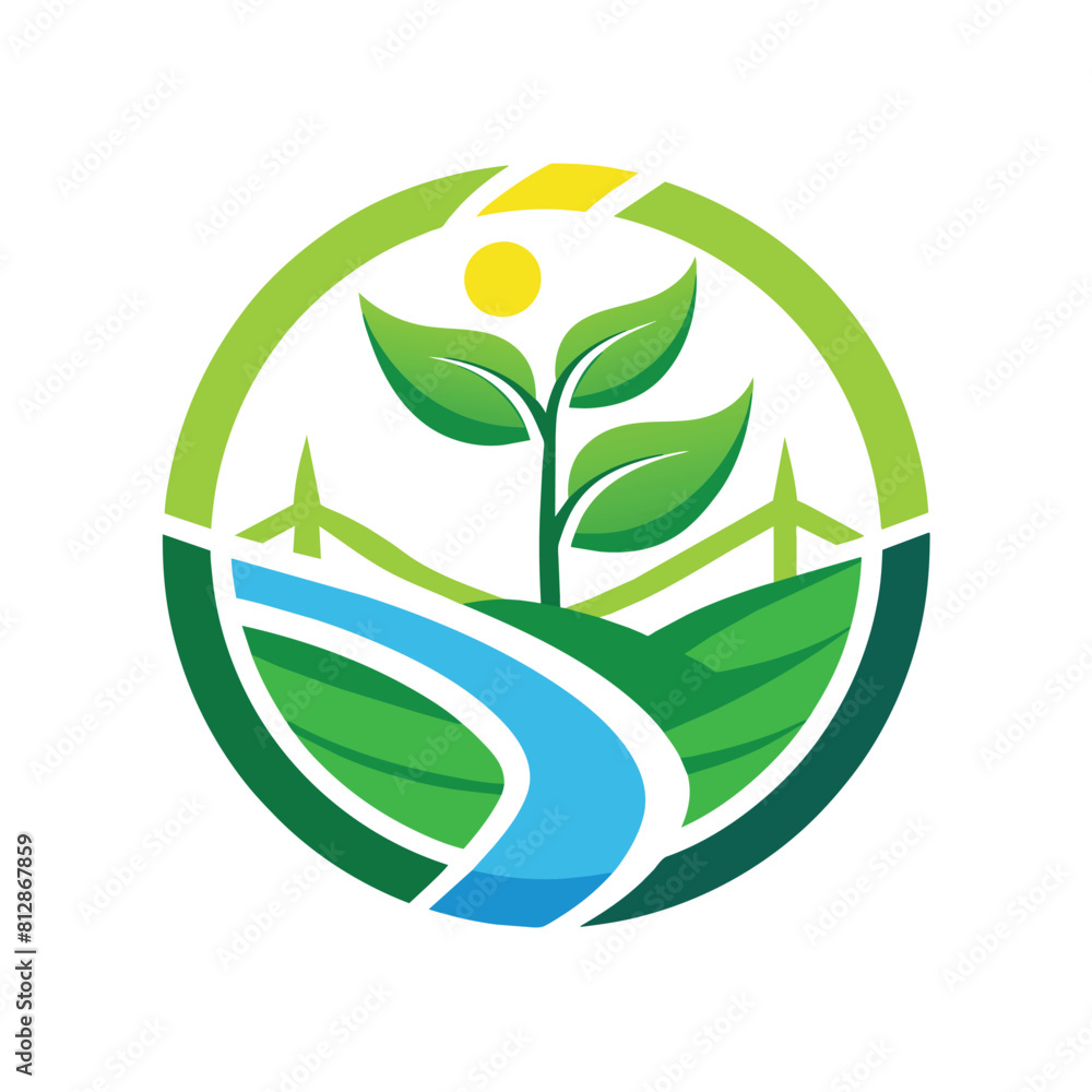 Poster logo design featuring a green leaf with a river running through it, create a minimalist logo that em