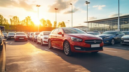 Car parked at outdoor parking lot. Used car for sale and rental service. Car insurance background. Automobile parking area. Car dealership and dealer agent concept. Automotive industry. Electric auto