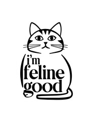 Cat illustration with text saying "I'm Feline Good" in the style of Minimal Captivating Drawings
