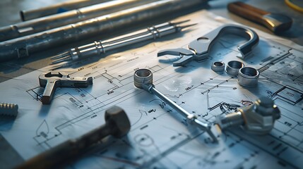 Drawing up a plumbing repair plan with spare parts and tools on blueprints : Generative AI