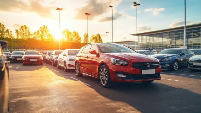 Car parked at outdoor parking lot. Used car for sale and rental service. Car insurance background. Automobile parking area. Car dealership and dealer agent concept. Automotive industry. Electric auto