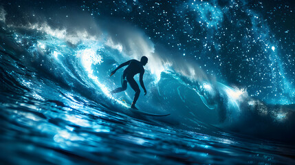 Surfers Riding Bioluminescent Waves under Starlit Skies   Photo Stock Concept