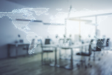 Abstract creative world map interface on a modern furnished office background, international trading concept. Multiexposure