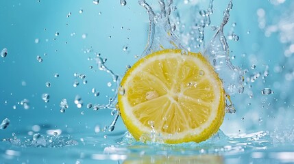 Lemon as a metaphor for a shower isolated on a blue background Creative fruit food or drink concept Lemon juice as a favorite summer refreshing drink with rain splash and drops : Generative AI
