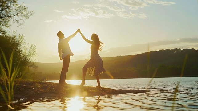 Lake dancing and happy nature couple on outdoor quality time together fun countryside adventure or bonding getaway Freedom peace water and playful woman man or romantic people dance on : Generative AI