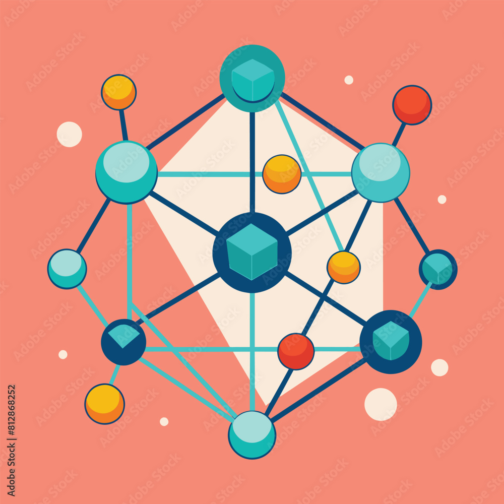 Poster colorful illustration showing a network of spheres interconnected in a dynamic pattern, a minimalist