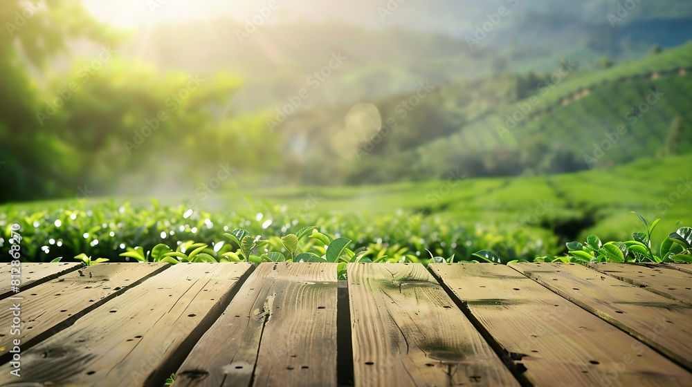 Poster wooden table top on blur green tea mountain and grass fieldfresh and relax conceptfor montage produc