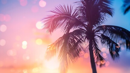 Copy space of silhouette tropical palm tree on sunset sky with bokeh light leak abstract background...