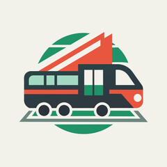 A train moves down train tracks running alongside a dense forest, A minimalist logo incorporating elements of industrial design