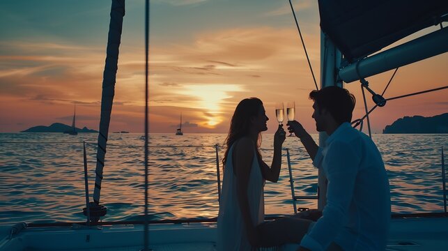 Group of Man and woman friends enjoy and fun luxury outdoor lifestyle celebration party drinking champagne together while travel on catamaran boat yacht sailing in the sea at sunset on : Generative AI