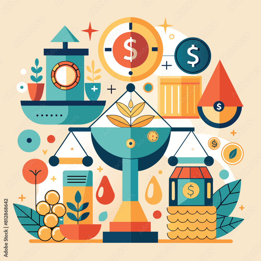 Poster a scale with a prominent dollar sign symbol on top, representing financial measurements and value, a