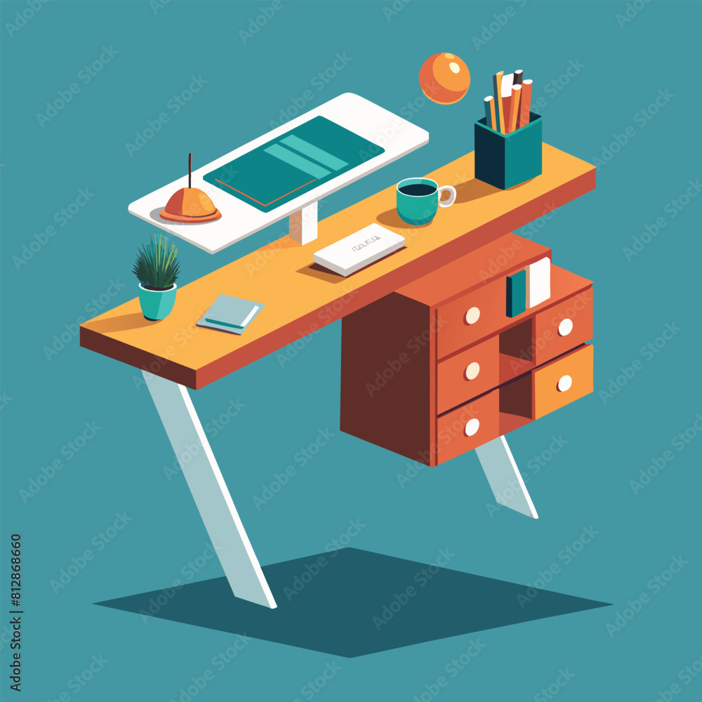 Poster a minimalistic desk featuring a computer and a tablet on top, with a sleek and contemporary design, 