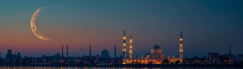 midnight serenity at the mosque with a serene blue sky and calm waters, framed by a towering building