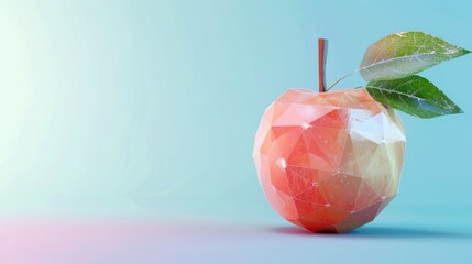 Low poly apple fruit with polygonal wireframe concept on blue background. AI generated image hyper...