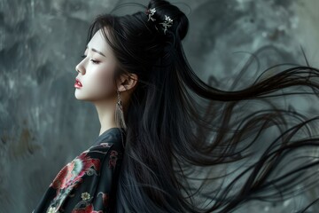 Fototapeta premium Profile of a graceful asian woman showcasing traditional fashion and hairstyle with a modern twist