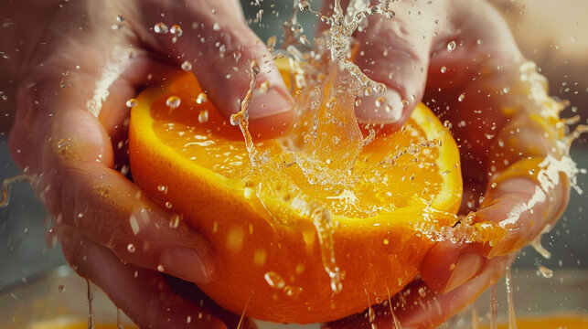 men's hands crush an orange , a lot of juice 