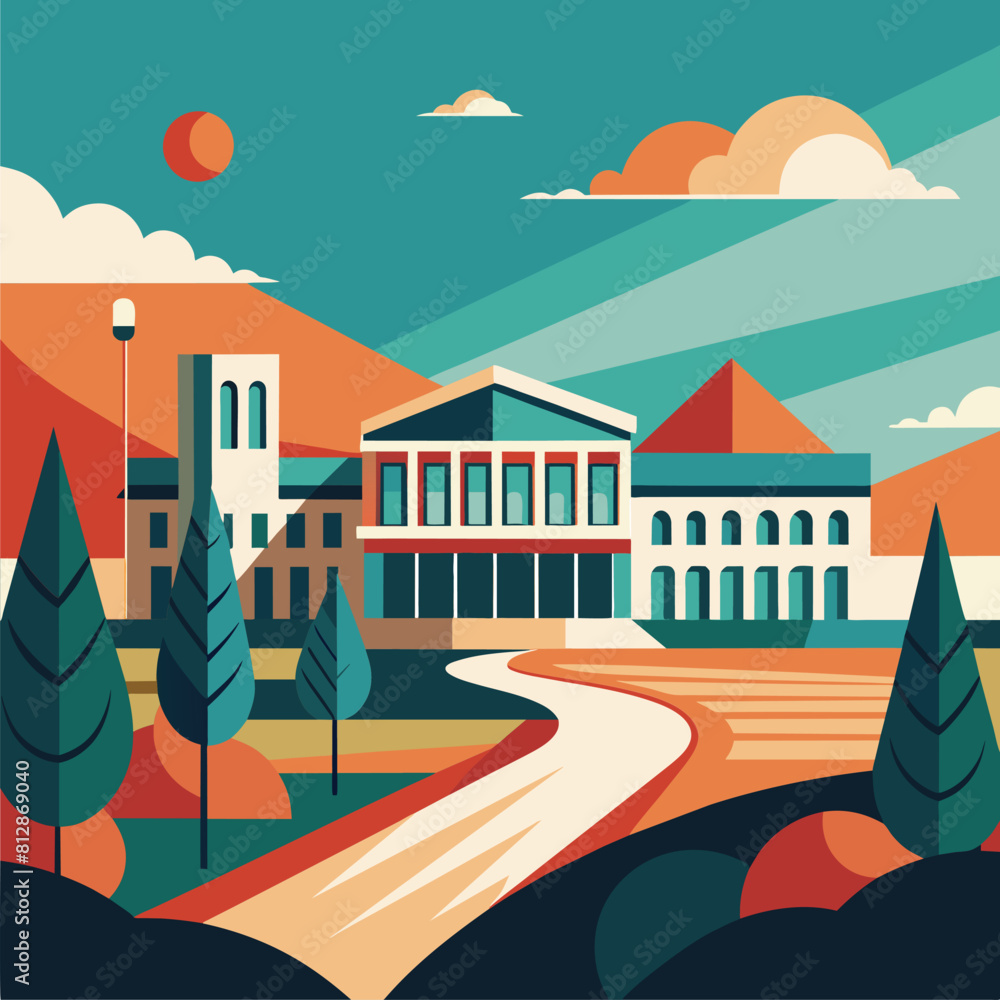 Poster a painting of a campus building with trees in the foreground, a minimalist illustration of a campus 