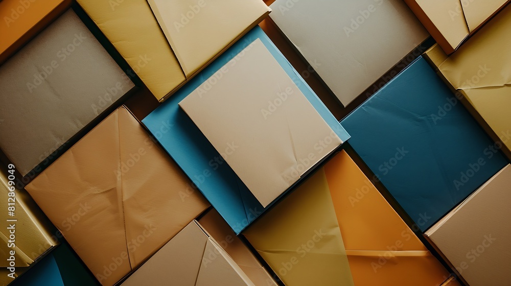 Aufkleber from above layout of colorful cardboard sheets in brown and grey shades : generative ai