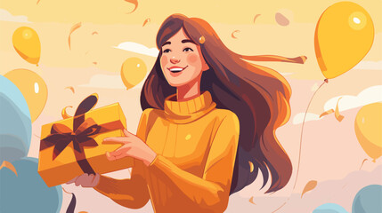 Excited woman holding yellow gift box with bow. Con