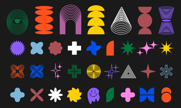 Brutalist abstract geometric shapes and grids.Trendy geometric neo brutalism forms,bright colors. Simple contemporary colorful shapes forms,symbols.Vector illustration EPS 10