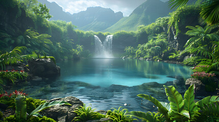 Tranquil Crater Lake: Ancient Volcano with Steep Walls  Lush Vegetation   Realistic Photo Stock Concept Capturing the Beauty of Nature