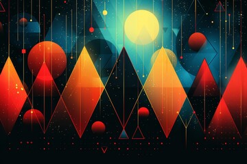 Abstract colorful geometric background with triangles and circles, retro illustration